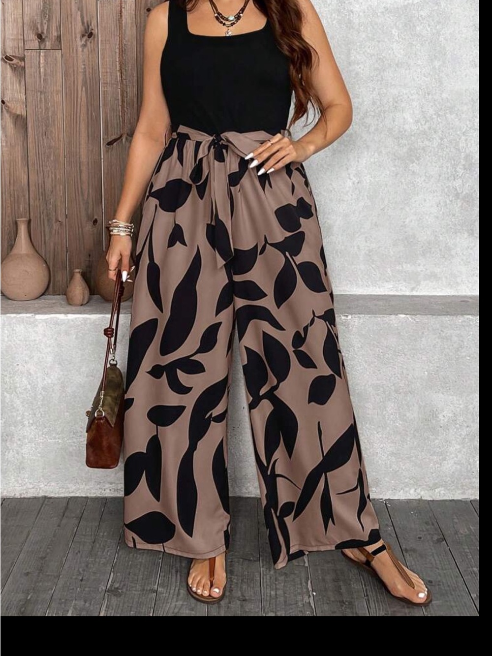 High-Waist Wide Leg Printed Pants - Black on Taupe